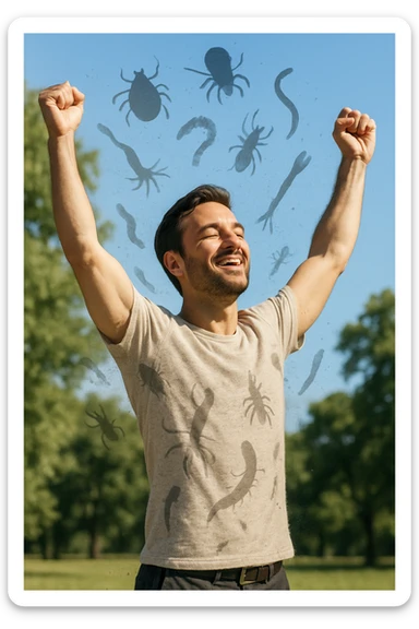 a man stands outdoors in bright sunlight, arms raised in relief and joy, while faint, shadowy silhouettes of parasites fall away from his body and dissolve into the air. His posture is upright and energetic, his expression serene and healthy. The background features green trees and a clear sky, emphasizing liberation and restored well-being. sticker