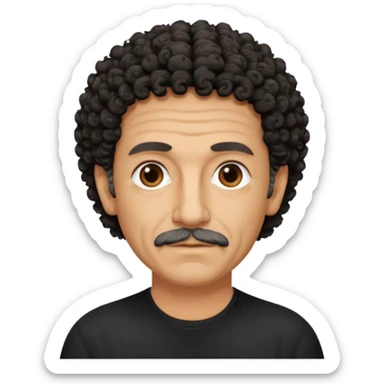 60 year old Greek man with short black curly frizzy thin hair that sticks up and has a black shirt sticker