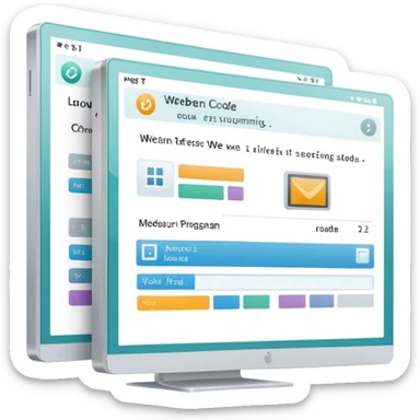 Create a professional emoji for UX/UI design. Show a program interface with two windows: one displaying programming code, and the other showing the completed web interface. Use modern, professional colors. Do not include any emojis or smiley faces. Make the background transparent. sticker