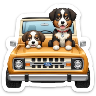 Cream colored ford bronco with no roof and Bernese mountain dog in the seat sticker