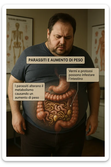 cinematic photo an overweight man is shown with a semi-transparent abdomen, highlighting the intestines filled with various types of parasites (such as worms or protozoa). Educational callouts explain how these parasites can disrupt metabolism and contribute to weight gain. The setting is a medical office, with charts and diagrams in the background. in italiano sticker