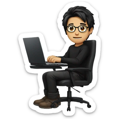 asian boy with glasses, long hair working, wearing black clothes , on his laptop seating on a gaming chair sticker