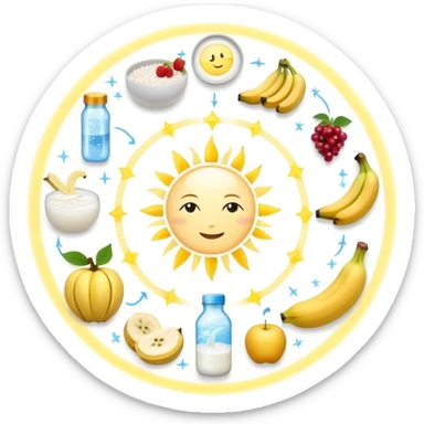 Magical fitness system: water bottle, sun, rice bowl, banana, dumbbell, yogurt, fruit, and moon arranged in a circular flow chart with ethereal glowing connections and sparkles, each item separate but part of one system sticker