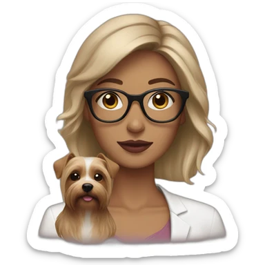 White woman, hair dark medium, pink lips, brown glasses, with dog yorkshire sticker