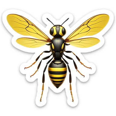 Cinematic Noble Wasp Portrait Emoji, Poised and formidable, with a sleek, slender body in bold yellow and black hues, angular, translucent wings and sharp, focused eyes exuding determined intensity, Simplified yet strikingly defined features, highly detailed, glowing with a cool, assertive radiance, high shine, intelligent and vigilant, stylized with an air of natural precision, focused and alert, soft glowing outline, capturing the essence of a watchful wasp that appears ready to buzz out of the screen with commanding presence! sticker