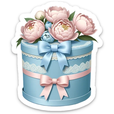 A vintage hatbox, wrapped in an ivory lace bow, holds a carefully arranged selection of blush-white and pale blue peonies, their petals unfurling like whispered secrets. A wide, pearl-adorned ribbon encircles the arrangement, its elegant bow tied with effortless grace. The edges of the ribbon flutter gently as a soft breeze drifts through the open window, carrying the delicate fragrance of fresh blooms into the air.

 sticker