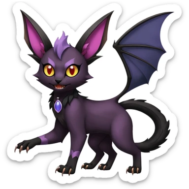 Black edgy Noivern-Noibat-Purloin-Torracat-Lykoi-Caracal-cat-Fakemon-fusion-hybrid-creature with bat wings on head as ears, big fangs, gothic markings sticker