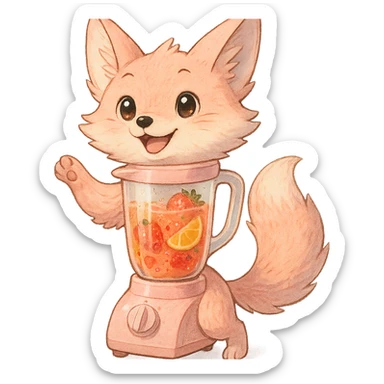 high-quality full-body ghibli style soft fluffy fox as a blender, transparent body containing vibrant realistic fruity smoothie, pastel pink, sparkling eyes, sweet smile, lively joyful pose, highly detailed sticker