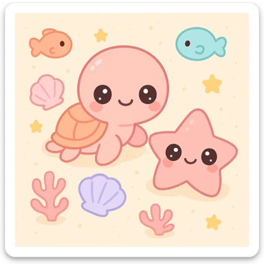 turtle, starfish, and shells together on sandy beach, top-down view, extremely cute underwater cartoon creatures with big round heads, huge sparkling eyes, small smiling mouths, and pink shiny skin, rosy cheeks, soft pastel colors, plastic toy-like texture, chibi style, surrounded by colorful fish and coral, gentle lighting, 3D-rendered, high detail, kawaii aesthetic sticker