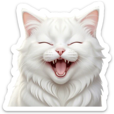 Cinematic Cute Yawning White Cat Portrait Emoji, Head gently tilted with an endearing, wide-open yawn and softly closed eyes, showcasing a pristine white fur with delicate hints of silver, simplified yet irresistibly adorable, highly detailed, glowing with a tender, cozy radiance, high shine, exuding sleepy charm and gentle affection, styled with a soft glowing outline, capturing the essence of a white cat caught mid-yawn, radiating pure, adorable lethargy! sticker