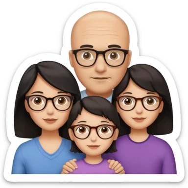 Papà calvo, mamma capelli neri occhi marroni, figlia capelli marroni mossi e occhiali tartarugati con montatura spessa occhi marroni, figlia capelli lisci marroni occhiali neri con montatura grande e fina occhi marroni  sticker