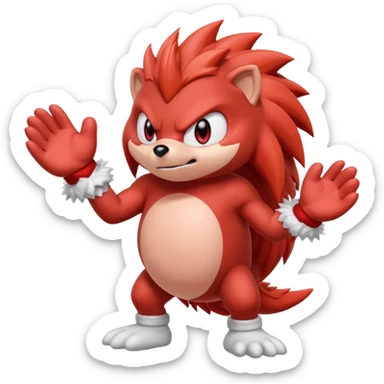 Sonic the hedgehogs friend knuckles a red animal with peach arms and white mittens, he’s a echidna with red eyes sticker
