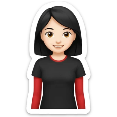 a pretty bratz fair girl with straight black hair, wearing a black tshirt, smiling sticker