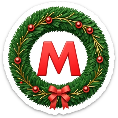 3D emoii of the iconic Moscow Metro "M" logo, reimagined as a Christmas wreath. Made of green pine needles, decorated with small red ornaments and glowing golden LED sticker