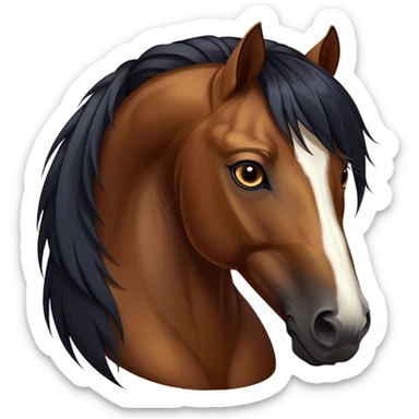 Cinematic Noble Bay Horse Portrait Emoji, Poised and regal, with a strong, athletic build and a rich, well-groomed bay fur accented by a dark mane and tail, deep-set soulful amber eyes, Simplified yet sharp and sophisticated features, highly detailed, glowing with a warm, dignified glow, high shine, intelligent and majestic, stylized with an air of equine elegance, focused and attentive, soft glowing outline, capturing the essence of a watchful and confident steed, so majestic it feels as though it could gallop out of the screen with effortless authority! sticker