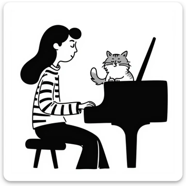 woman playing piano while her cat sits on top of the piano sticker