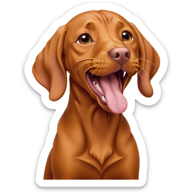 Cinematic Cute Yawning Vizsla Portrait Emoji, Head tilted slightly with a dramatic, wide-open yawn, showcasing a smooth rust and gold Fur with a subtle shimmer, floppy ears slightly drooping, round amber eyes barely open in drowsy contentment, Simplified yet irresistibly adorable features, highly detailed, glowing with a soft, cozy glow, high shine, relaxed yet expressive, stylized with a touch of whimsy, bright and endearing, soft glowing outline, capturing the essence of a sleepy yet affectionate companion, so drowsy it feels like it could stretch out of the screen and curl up for a nap! sticker