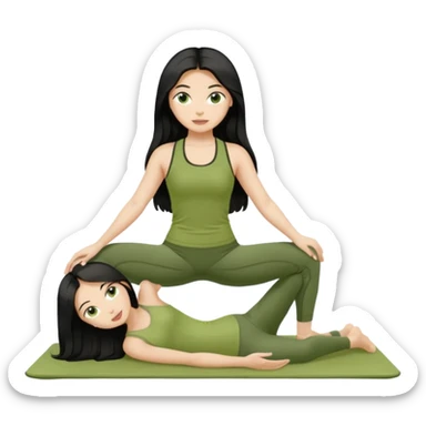 pilates girl in green olive set whit black long hair  sticker