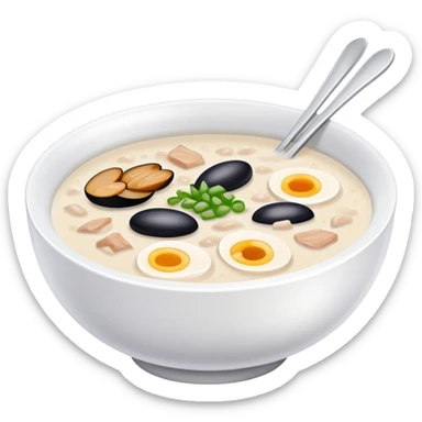 Guangzhou rice porridge congee with century egg and pork, simplified emoji style with bold outlines and bright colors, cartoon style Southern Chinese breakfast bowl sticker