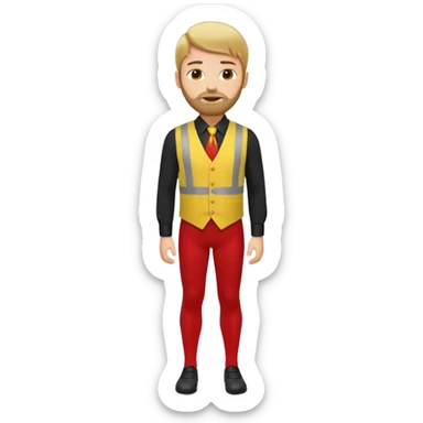 A blond man wearing a black dress shirt, red tights, and a yellow tie. A red vest over his black shirt. A blond man with brown hair and a short beard. His outfit consists of a black shirt, a red vest over it, and a yellow tie. (no white in clouth) sticker