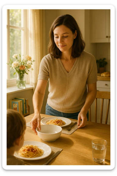 "Donna tra i 30 e i 40 anni, all’interno della sua casa luminosa, mentre prepara la tavola o accudisce i figli con un’espressione dolce e serena. Indossa abiti semplici e curati, simbolo di cura e presenza. Sullo sfondo si vedono dettagli di una casa armoniosa: fiori freschi, libri per bambini, un pranzo in preparazione. La scena trasmette calore, dedizione e stabilità familiare. Elementi visivi di supporto: luce solare che entra dalla finestra, atmosfera calda e rassicurante. Stile realistico con toni caldi e tenui sticker