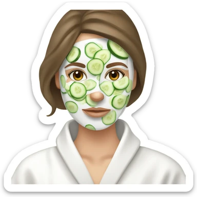 White girl with Brown hair and blue eyes wears a Green colored skincare clay textured mask and puts on cucumbers around her eyes while She relaxes in her white Robe sticker