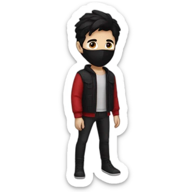 young white man with black hair wearing a black mask and red clothes sticker