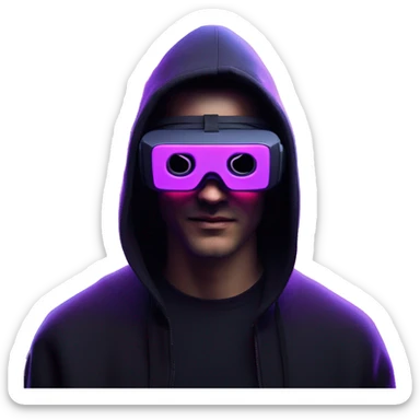 Russian man wearing a black hoodie with "OMG" letters on it and VR headset oculus quest 2 in a cyberpunk VR environment with violet neon lighting. Showing direction with hand sticker