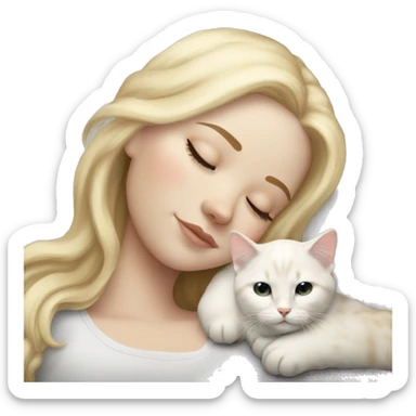 White girl blonde hair sleeping with white kitty with black spots sticker