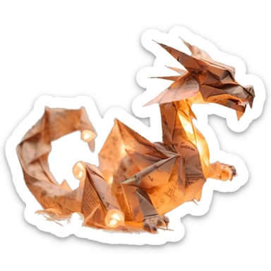 Beige Origami dragon made of newspapers on fire letters on fire burnt paper surrounded by fairy lights swirls covered in dried flowers bokeh floral flowers fire flames sticker