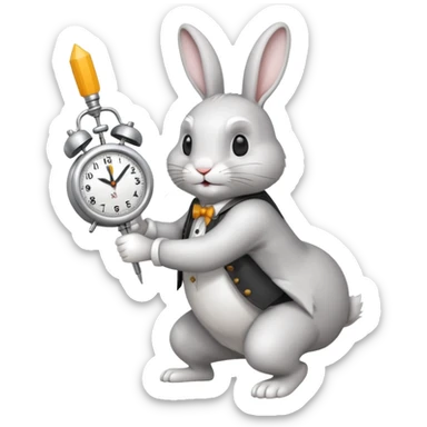 Un lapin qui a une horloge dans la main droite qui monte une aiguille  sticker