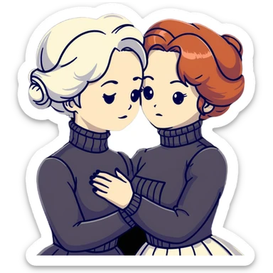 Two Victorian women with grey eyes in a sad, intimate hug. One has bright white coiffed hair, one has dark copper coiffed hair. Both wearing Victorian turtleneck dresses with arms tightly around each other. sticker