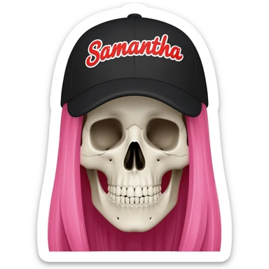 Create a skeleton head wearing a black baseball cap that says " Samantha " in Red, and white lettering, with long pink hair sticker