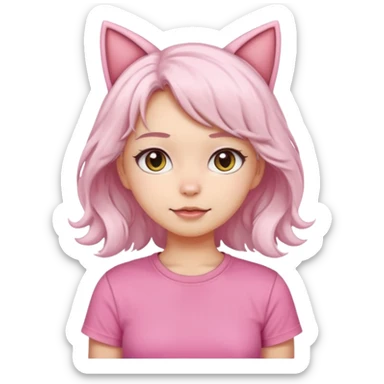 girl with wavy white hair and cat ears wearing pink tshirt sticker