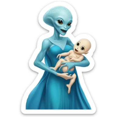  Reptilian alien woman , full body, in blu elegant dress , holds a newborn white humman baby sticker