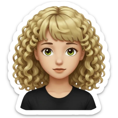young woman wearing a black t shirt with curly dirty blonde hair, straight bangs, and hazel green & brown eyes. She has magical shadow powers like the Darkling in Shadow & Bone sticker