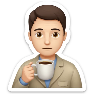 tired programmer with dark circles under his eyes drinks coffee holding a mug sticker