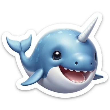 Cinematic Comical Cute Narwhal Portrait Emoji, Head tilted dramatically with an exaggeratedly amused expression, featuring a uniquely curved tusk, a sleek body with wide, comically expressive eyes brimming with playful disbelief, Simplified yet hilariously expressive features, highly detailed, glowing with a slightly sassy oceanic glow, high shine, dramatic yet playful, stylized with an air of cheeky marine mischief, soft glowing outline, capturing the essence of a meme-worthy cute narwhal that looks ready to side-eye its way into viral fame! sticker