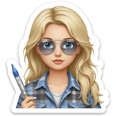 girl with long blond messy hair, wearing grey plaid shirt with blue eyes and aviator sunglasses wearing a ring on her silver necklace, holding a paint brush roller with a small bit of white paint on her face sticker