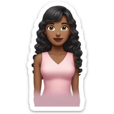 White woman with long black curly hair and bangs and dark brown eyes, wearing a pastel pink dress sticker
