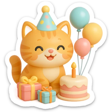 ginger tabby kitten celebrating birthday, wearing a birthday hat, with birthday cake, balloons, happy expression, and gifts sticker