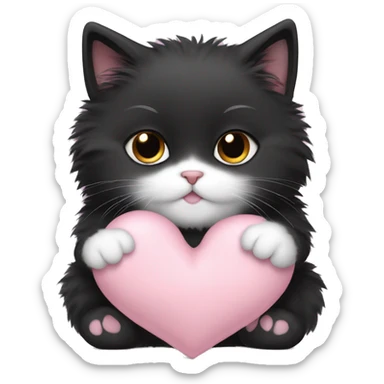 black fluffy fat kitten holding pale pink heart sticker