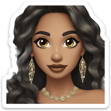 Glamorous, cocktail dress, black balayage hair, long wavy hair, olive skin, brown almond eyes, winged eyeliner with big lashes, wearing hooped earrings, rings and bracelets  sticker