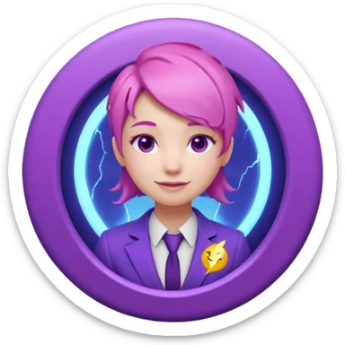 Cute 3D emoji-style girl sexy character with pink hair and purple eyes, inside a circular badge. No hands, no pose. Clean purple suit with a glowing neon-blue ‘C’ logo on the chest, small lightning accent. Smooth Apple-style lighting, friendly expression sticker