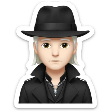 Male Goth with Fedora
 Sleek long hair, white skin, black trench coat, silver necklace visible under coat, white long hair sticker