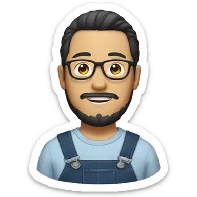 an Asian man with a beard and glasses, wearing an overall and a man bun sticker