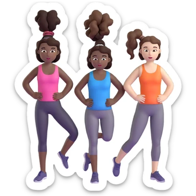 3 women exercising. The woman on the left has pale white skin and curly brown hair in a ponytail. The woman in the middle has black skin and curly black hair. The woman on the right has pale white skin and straight, brown hair in a ponytail. sticker