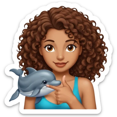 One piece style of a girl  with brown medium length to her boobs curly hair a tatto in pin of a dolphin on her left shoulder doing a thumbs up winking brown eyes and laying color skin  sticker