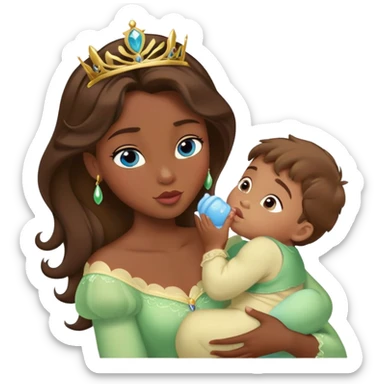 Princesa Tiana  morena pelo marrón dándose un beso con un chico rubio de ojos azules y teniendo un bebé  sticker