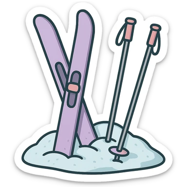 cross-country skis and poles on the sides, stuck at an angle into a snowdrift, with visible snow texture and soft shadows, detailed shading, thin clean outlines, soft rounded features, pastel palette #98B5BC #B5B3C1 #C9A3C9 #E4C0CA #F7DCD1 #F7C0AA, Japanese pop art, sticker look, highly detailed, vector clarity, soft lighting, subtle shadows, transparent background sticker